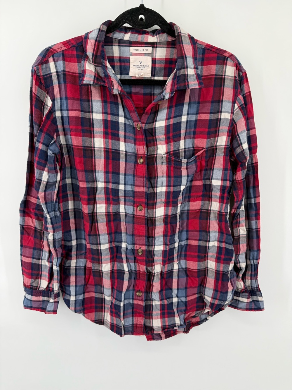 American Eagle Outfitters Red and Blue Casual Button Down Shirt